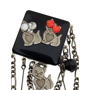 Vintage Art Deco Style Cats Dangle Brooch Pin Rhinestone Cat Eyes Chain Beaded